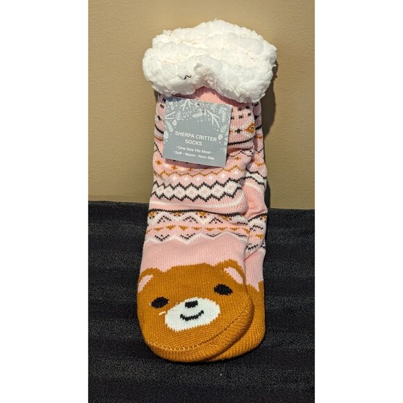 Sherpa Critter Socks With Bear One Size Fits Most  Soft Warm & Non-Slip Pink - Picture 1 of 1